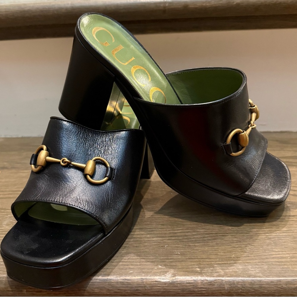 Gucci Black Leather Platform Mules with Gold Horsebit